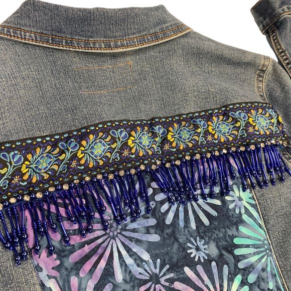 Boho Artisan Denim Jacket Embellished Beaded Floral Artsy Chic Country Glam - Picture 10 of 13